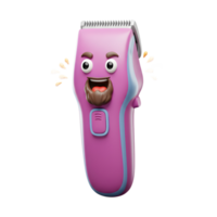 A cheerful pink hair clipper smiles broadly, sporting a goatee. Its joyful expression and vibrant color create a fun, upbeat mood. png