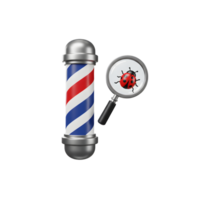 A classic barber pole stands beside a magnifying glass revealing a ladybug. Clean lines and vibrant colors create a striking, whimsical image. png