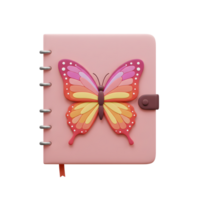 A delightful pink spiral notebook features a vibrant, 3D butterfly design. Its warm colors and charming style evoke a sense of whimsy and gentle beauty. png