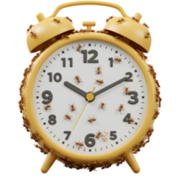 A playful 3D rendering shows a yellow alarm clock overrun by tiny ants. The scene is lighthearted, with ants crawling everywhere. A touch of whimsy png