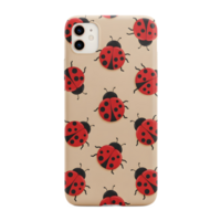Adorable ladybugs in vibrant red and black create a charming pattern on a beige phone case. A cheerful and playful design. png