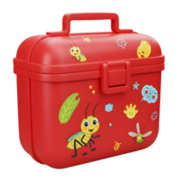 A bright red plastic lunchbox, adorned with cheerful insect and nature motifs, perfect for little ones. Its charming design adds a playful touch to mealtimes. png