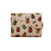 A delightful beige wallet features a charming pattern of colorful beetles and tiny flowers. The whimsical design creates a cheerful and playful mood. png