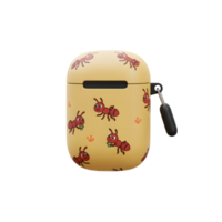A charming yellow Airpod case features a delightful pattern of cartoon ants carrying leaves. It's cute, protective, and adds a touch of whimsy. png