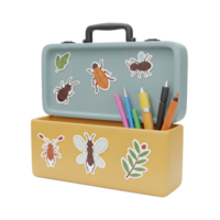A delightful two-toned carry case showcases charming insect stickers and vibrant colored pencils. A playful, cheerful mood is conveyed. png