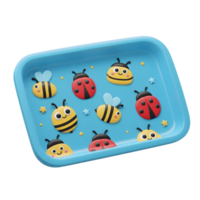 A delightful blue tray features adorable cartoon bees and ladybugs, creating a cheerful and playful mood. Perfect for adding a touch of whimsy to any space png