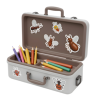 A delightful vintage-style suitcase holds a vibrant collection of colored pencils, adorned with whimsical insect stickers. The scene evokes a playful and cheerful mood. png
