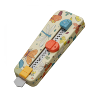 A delightful utility cutter showcases a charming design featuring various insects and flowers. Its cheerful colors and whimsical style make it a fun and functional tool. png