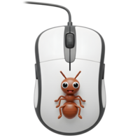A charming 3D-rendered image shows a happy cartoon ant perched on a modern white computer mouse. The scene is bright and cheerful, conveying a playful mood. png
