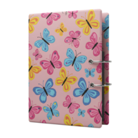 A delightful pink notebook adorned with vibrant butterflies. Cheerful colors and a playful design create a happy and charming mood. png