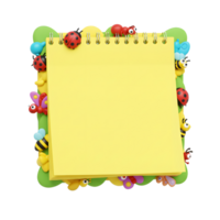 A vibrant yellow notepad, nestled in a whimsical green frame, is adorned with charming insect figurines. Ladybugs, bees, and ants create a joyful, spring-like scene. png