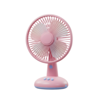 A charming, pastel pink desk fan offers a gentle breeze. Its minimalist design and soft color create a calming atmosphere. png