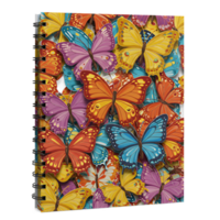 A captivating spiral notebook bursts with colorful butterflies Their vibrant wings create a joyful, whimsical atmosphere. Perfect for notes or sketches png