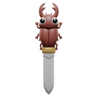 uma encantador desenho animado veado besouro, rendido dentro 3d, senta no topo uma prata punhal. Está grande olhos e alegre comportamento crio uma caprichoso, levemente surreal humor. png