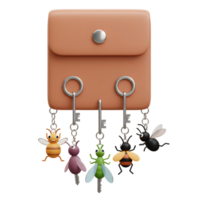 Adorable cartoon insect keychains dangle playfully from a terracotta leather key holder, creating a whimsical and cheerful scene. png