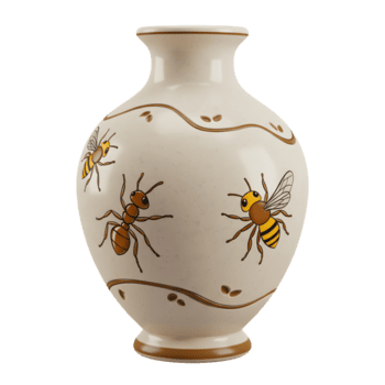 un encantador color crema florero caracteristicas caprichoso pintado hormigas y abejas, agregando un toque de rústico dulzura. sus amable curvas y sencillo diseño crear un pacífico atmósfera. png