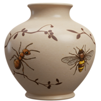 un encantador beige cerámico florero caracteristicas detallado hormiga y abeja ilustraciones, acentuado por delicado marrón floral sucursales. crea un pacífico, rústico ambiente png