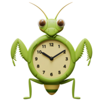 A charming green mantis playfully holds a round clock, its large eyes and friendly smile creating a whimsical, cheerful atmosphere. Perfect for kids' rooms png