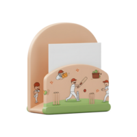 Charming pastel desk organizer featuring a cricket match illustration. Perfect for notes and cards, adding a whimsical touch to your space. png