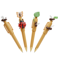 Adorable insect figurines top these stylish pens, creating a fun, nature-themed stationery set. Perfect for adding a touch of whimsy to your desk png