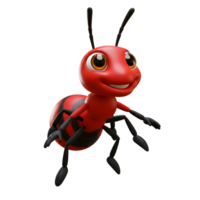 A charming, 3D-rendered red ant smiles cheerfully. Its segmented body and oversized eyes create a fun, cartoonish effect. A delightful image png