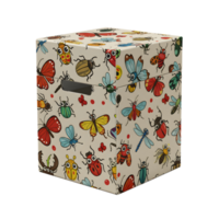 A delightful storage box adorned with a playful pattern of vibrant insects and butterflies. Its cheerful design and practical use make it a charming addition to any room. png