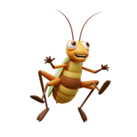 A happy cartoon cricket leaps into the air, its cheerful expression and vibrant colors creating a playful and lighthearted mood. Its segmented body and long legs are strikingly detailed. png