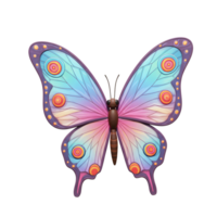 A charming pastel butterfly, rendered in 3D, showcases vibrant pink and blue wings adorned with colorful circular patterns. Its whimsical design evokes a joyful and playful mood. png
