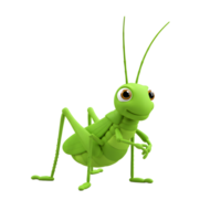 A charming, bright green grasshopper smiles cheerfully. Its cartoonish features and playful pose create a delightful, whimsical mood. png