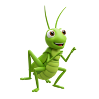 A bright green grasshopper, rendered in 3D, smiles cheerfully as it leaps. Its large eyes and playful pose create a happy, whimsical mood. png