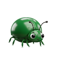 A charming green ladybug, rendered in 3D, smiles cheerfully. Its shiny shell and big eyes create a cute and friendly cartoon effect. png