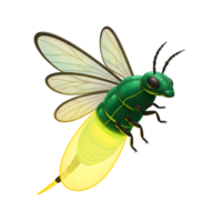 A vibrant green firefly takes flight, its glowing abdomen illuminating the scene with a warm, enchanting light. Delicate wings and intricate details create a magical atmosphere. png