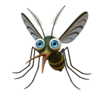 A friendly cartoon mosquito with bright blue eyes and striped wings floats playfully. Its cheerful expression and vibrant colors create a fun, lighthearted mood. png