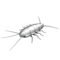 A gleaming, metallic silverfish, rendered in chrome, crawls across a stark white background. Its segmented body and delicate antennae are detailed, creating a surreal, almost robotic, effect. png