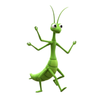A cheerful green mantis strikes a playful pose, its long limbs playfully outstretched. A charming, cartoonish depiction with a lighthearted mood. png