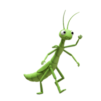A cheerful green stick insect takes a playful step, waving hello Its cartoonish charm and bright color create a fun, lighthearted mood. png