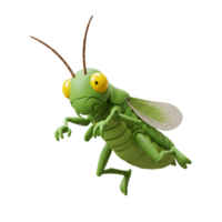 A cheerful green grasshopper leaps playfully, its large yellow eyes and segmented body detailed in a charming 3D style. The joyful mood is infectious png