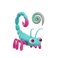 A cute, teal scorpion with pink legs charms with a candy swirl above. Its large eyes and friendly expression create a sweet, playful mood. png