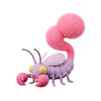 A charming, 3D-rendered scorpion boasts a fluffy pink tail and lavender body. Its large, expressive eyes and playful pose evoke a sweet and whimsical mood. png