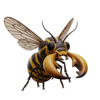 A playful, 3D-rendered wasp with large claws dominates the scene. Its vibrant yellow and black stripes contrast beautifully against a white background. A whimsical and bold illustration. png