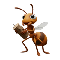A cheerful cartoon ant proudly holds a small log, its large eyes sparkling with mischief. The scene is lighthearted and charming, showcasing a playful 3D animation style. png