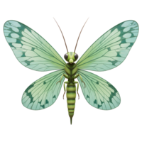A captivating illustration of a green insect with intricately detailed, translucent wings. Its serene pose and soft color palette evoke a calming, whimsical mood. png