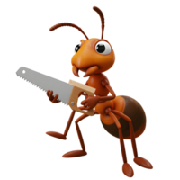A cheerful cartoon ant proudly holds a tiny hand saw, ready for its next project Its bright orange body and big eyes add to the fun, whimsical mood. png