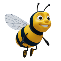 A happy cartoon bee takes flight, its yellow and black stripes gleaming. Big eyes and a smile add to its cheerful demeanor. A fun, friendly image png