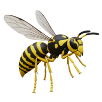 A striking 3D rendering of a wasp, its yellow and black stripes sharply defined against a white background. The insect appears poised for flight, a sense of energy and vibrancy in its pose. png