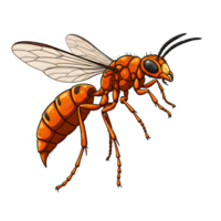 A vibrant orange wasp, rendered in a striking cartoon style, takes flight. Its intricate details and powerful pose create a captivating image. png