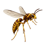 A striking close-up of a wasp, its yellow and brown stripes sharply defined against a white background. The intricate details of its wings and legs create a realistic and almost mesmerizing image. png