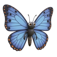 A charming cartoon butterfly with vibrant blue wings and a friendly face floats cheerfully. Its playful design and bright colors create a joyful mood. png