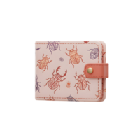 A charming pastel pink leather wallet adorned with a whimsical pattern of intricately designed beetles. The soft leather and subtle color create a delicate, feminine feel. png