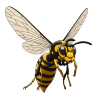 A captivating cartoon wasp soars, its yellow and black stripes vivid against a white background. Intricate wing detail and a lively pose create a dynamic, almost playful mood. png